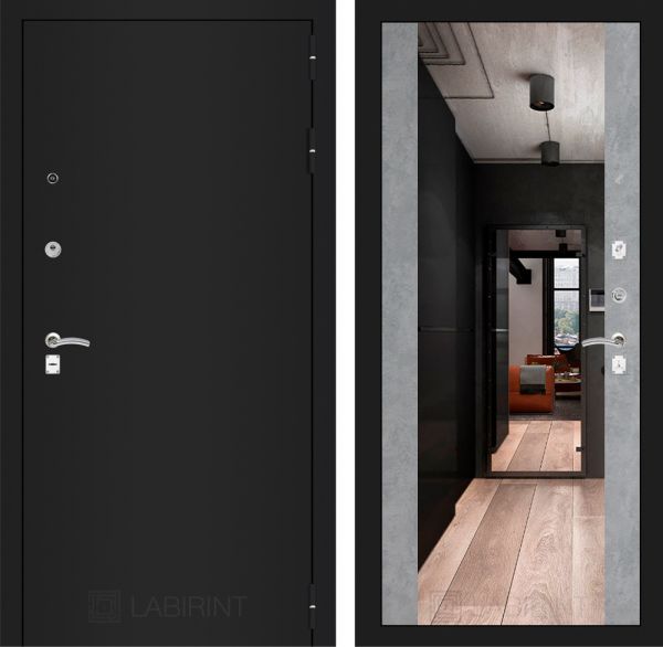 Входная дверь Лабиринт CLASSIC шагрень черная с Зеркалом Максимум - Бетон светлый