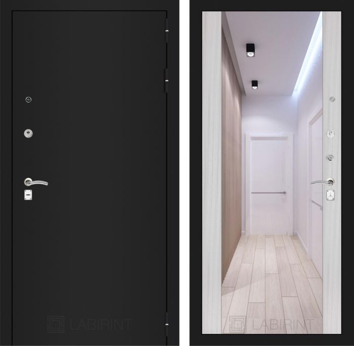 Входная дверь Лабиринт CLASSIC шагрень черная с Зеркалом Максимум - Сандал белый