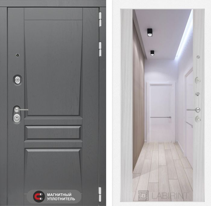 Входная дверь Лабиринт Платинум с Зеркалом Максимум - Сандал белый